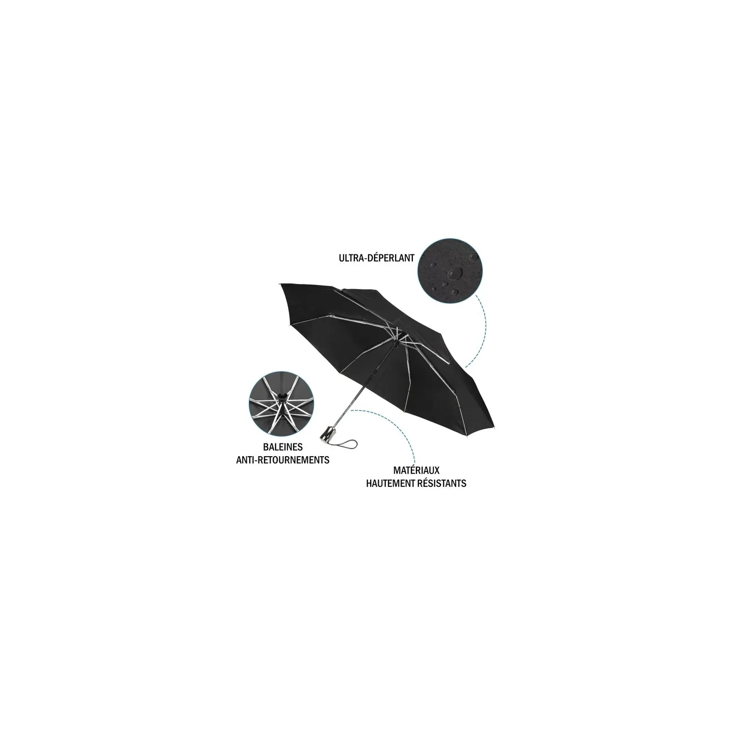 3-Section Ultra Strong Black Umbrella - Isotoner ref 23309 - chapellerie traclet