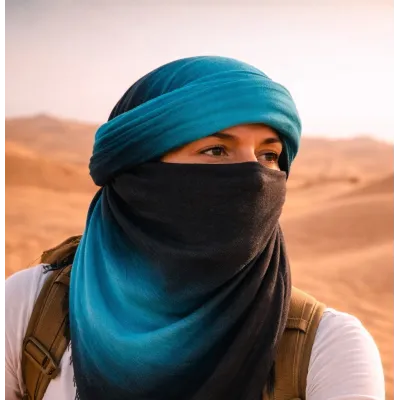 Bi-Color Turquoise & Grey Cotton Touareg Chèche - Traclet Reference: 23356| Chapellerie Traclet