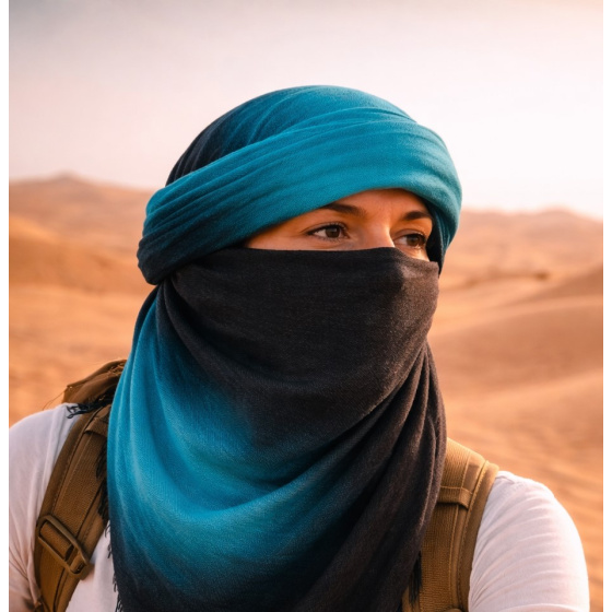 Bi-Color Turquoise & Grey Cotton Touareg Chèche - Traclet