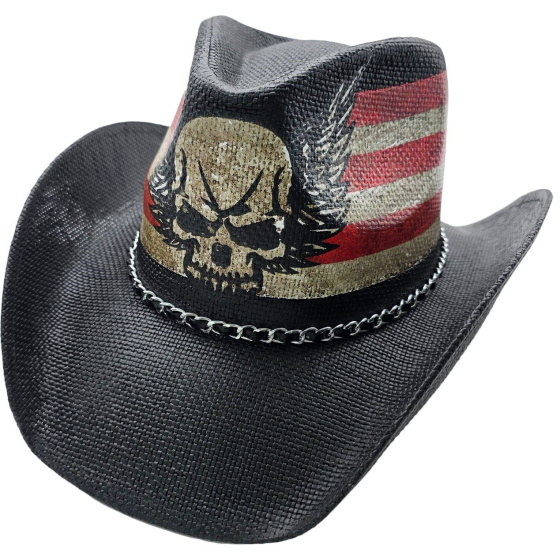 Dangerous Skull USA Black Straw Cowboy Hat - Traclet