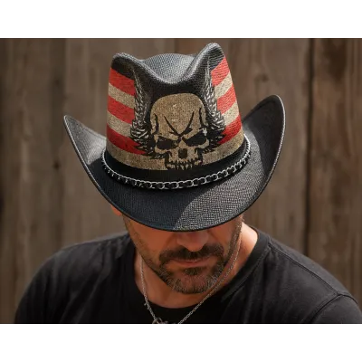 Chapeau Cowboy Dangerous Skull USA Paille Noir - Traclet