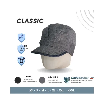 Grey Classic Model Anti-EMF Cap Organic Cotton Made In France Ref: 7902 | Chapellerie Traclet