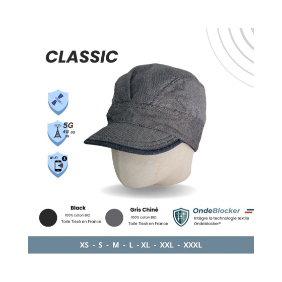 Casquette Anti Ondes Grise Modèle CLASSIC  coton biologique Made In France