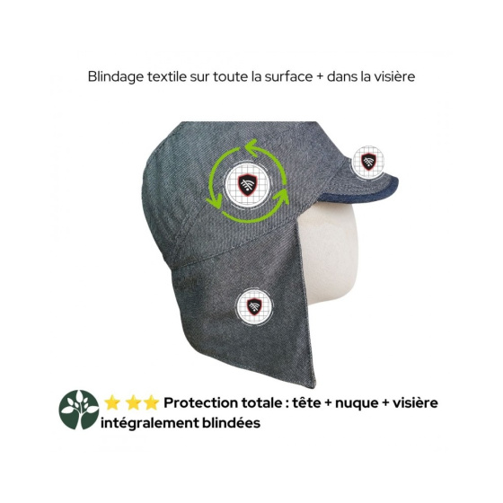 Casquette anti-ondes avec cache oreille et couvre nuque et protection cotés