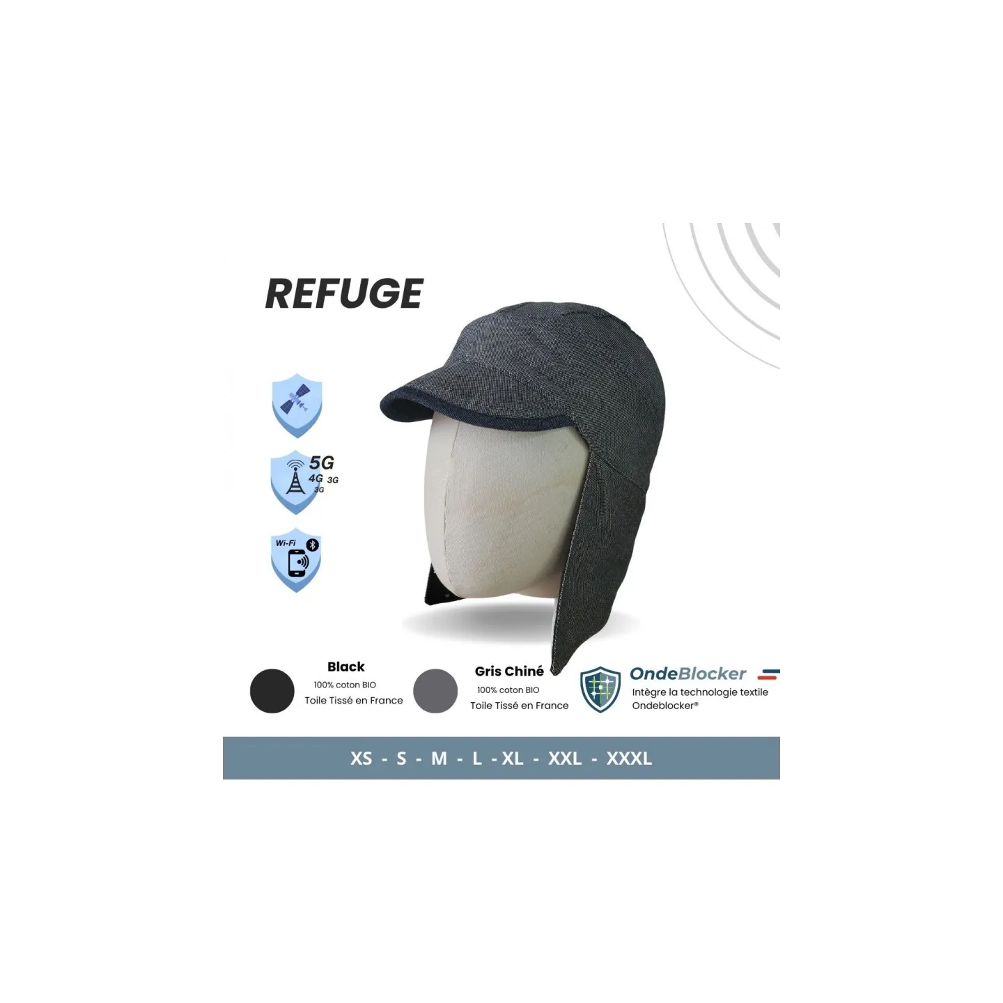 Casquette anti-ondes avec cache oreille et couvre nuque et protection cotés - ref 24492