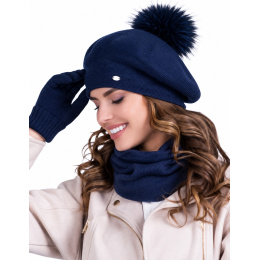 Bella Navy Pompom Beret for Women - Traclet