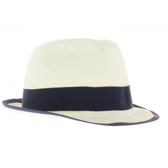 White straw hat with navy ribbon