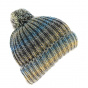 Bluish Citrus Beanie with Pompom - turquoise, gray, and mustard yellow stripes