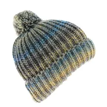 Bonnet Argume Bleute Pompon rayure Turquoise Grise et Jaune Moutarde Reference : 4439 | Chapellerie Traclet