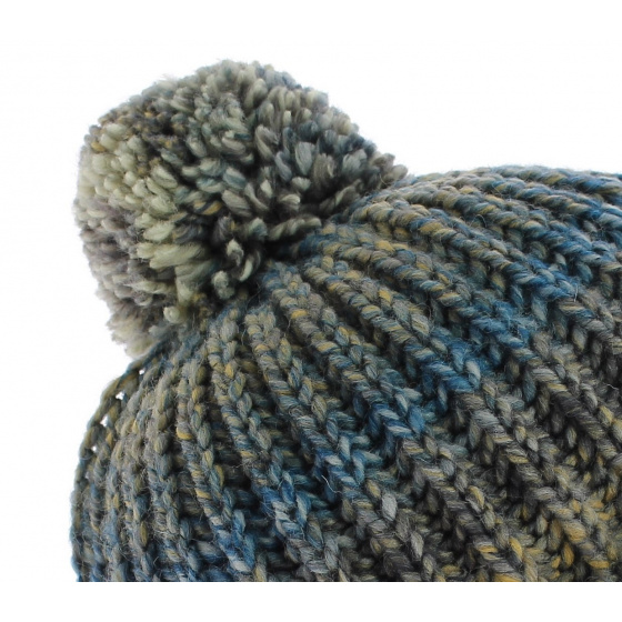 Bluish Citrus Beanie with Pompom - turquoise, gray, and mustard yellow stripes
