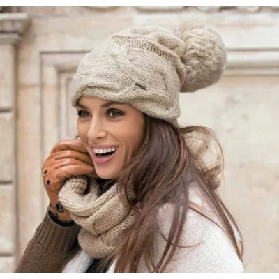Beige Pompom Beanie - Wegener Reference: 3010 | Traclet Hat Shop