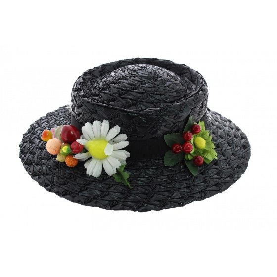 Black Synthetic Straw Mary Poppins Hat - Traclet