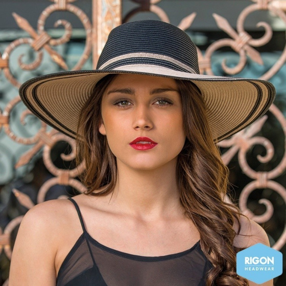 Two-Tone Black/Brown Natural Fiber Wide-Brimmed Hat - Rigon Headwear