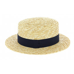 Children's Natural Straw Boater Hat Navy-Blue - Traclet