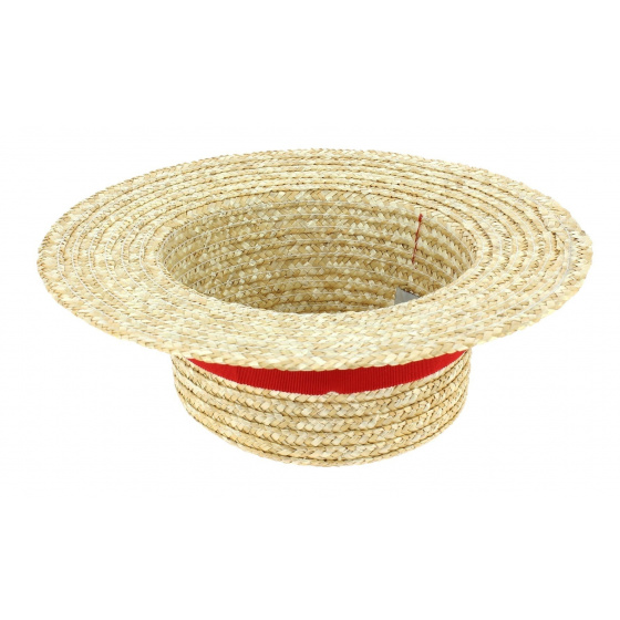 Children's Natural Straw Boater Hat Red - Traclet