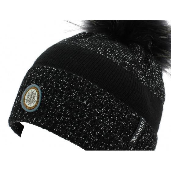 Two-Tone Black Silver Luxy Fur Pompom Beanie - Kristo