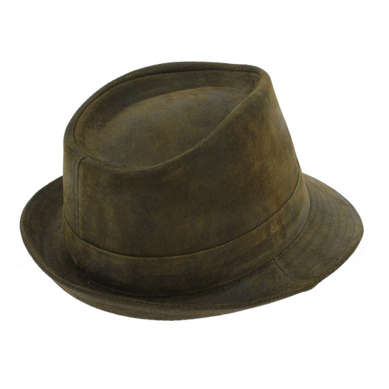 Khaki Leather Trilby Hat - Traclet Khaki Leather Trilby Hat - Traclet