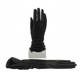Women's Long Leather & Silk Gloves in Black - Picaros