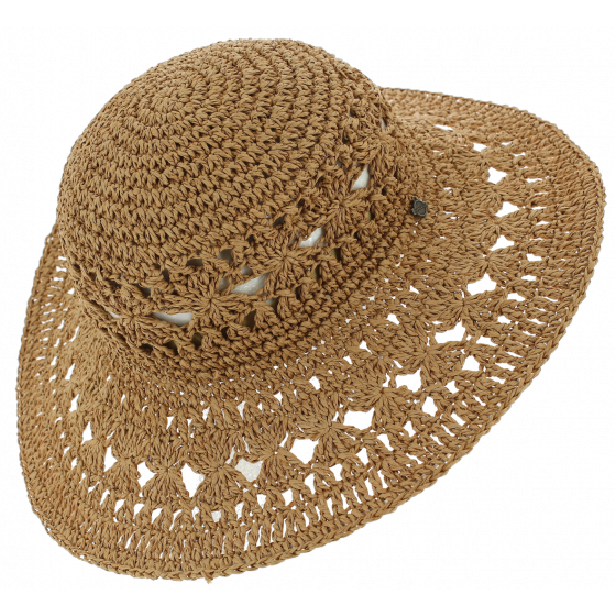 Juliaca Summer Openwork Paper Straw Wide Brim Hat Camel - Seeberger