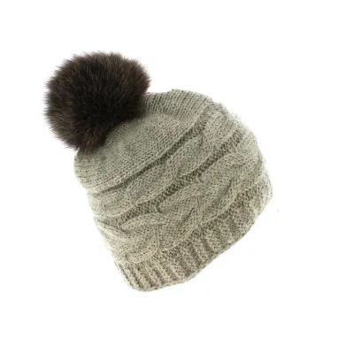 Foxy Taupe Beanie-Buy sell beanie-Traclet-in Wool and Acrylic Fox fur pompom Reference: 4294 | Traclet Hat Shop