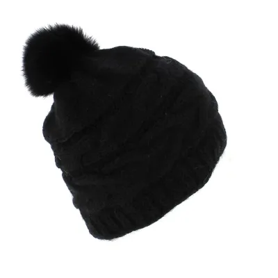 Bonnet Foxy noir -Achat vente bonnet-Traclet-en Laine et Acrylique Pompon fourrure de renard Reference : 7645 | Chapellerie Trac