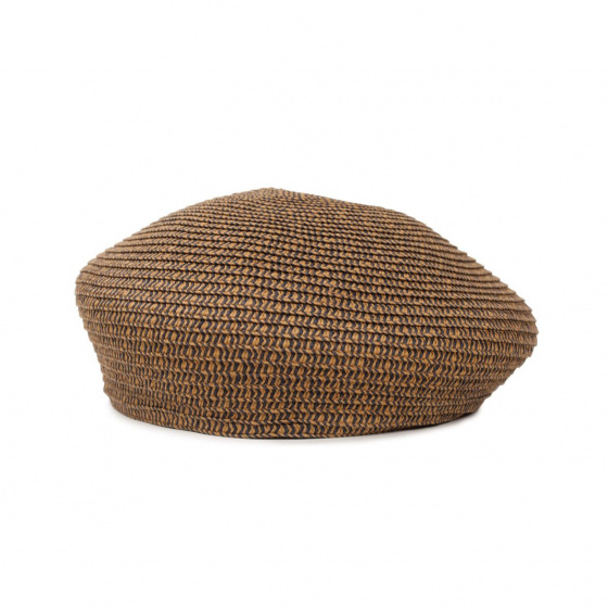 Audrey Paper Straw Beret Beige & Navy - Brixton