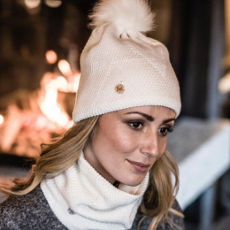 Disa White Pompom Beanie - Buff