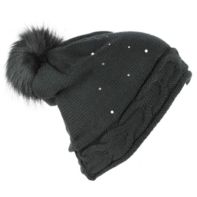 Ramona Beanie with Rhinestone Pompom Black - Traclet Reference : 7329 | Traclet Hat Shop
