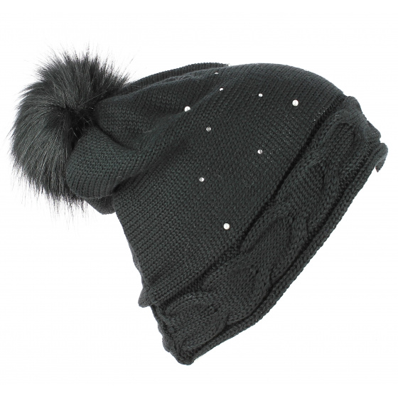 Ramona Beanie with Rhinestone Pompom Black - Traclet