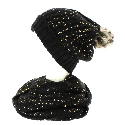 Bonnet pompon et snood noir pailleté or TRACLET Reference : 8666 | Chapellerie Traclet