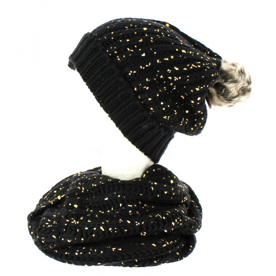 Black pompom beanie and snood with gold glitter TRACLET