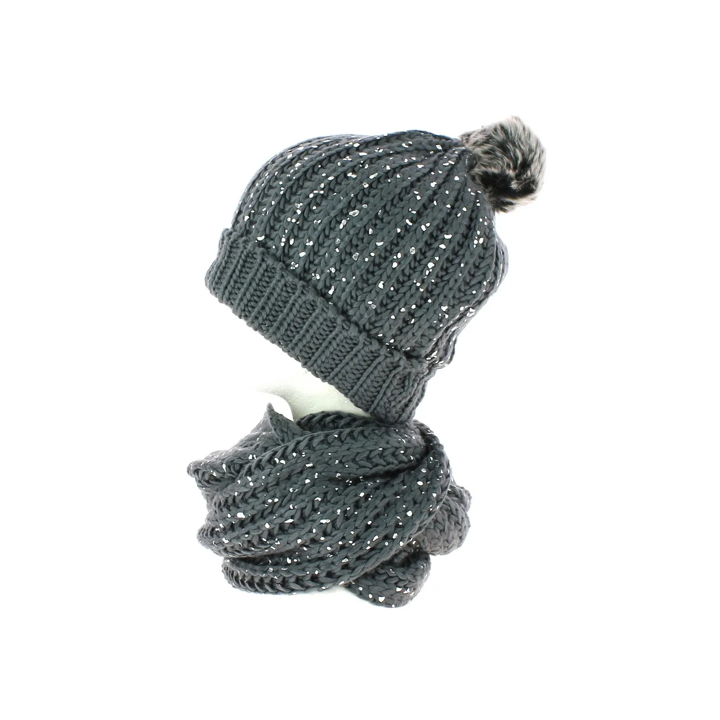 Ensemble Bonnet pompon et snood gris pailleté TRACLET Reference : 8669 | Chapellerie Traclet