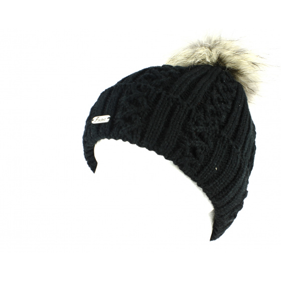 Black Pompom and Fur Beanie-Fléchet