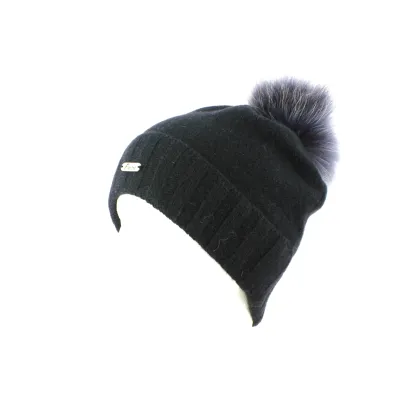 Bonnet à Pompon et Fourrure Noir/Gris-Fléchet  Reference : 8759 | Chapellerie Traclet