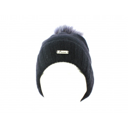 Black/Grey Pompom and Fur Beanie - Fléchet