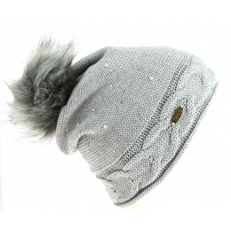Ramona Beanie with Rhinestone Pom-Pom Gray - Traclet