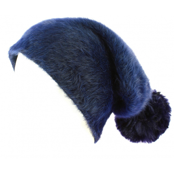 Long Venice Angora Navy Blue Beanie with Pompom - Traclet