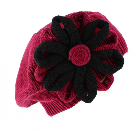 Irma Cotton Beret with Burgundy Flower - BeBeret