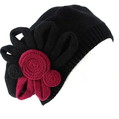 Leïla Cotton Flower Beret Black & Burgundy - BeBeret Reference: 9032 | Chapellerie Traclet