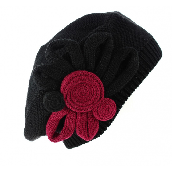 Béret Leïla Coton Fleur Noir & Bordeaux- BeBeret Béret Leïla Coton Fleur Noir & Bordeaux- BeBeret