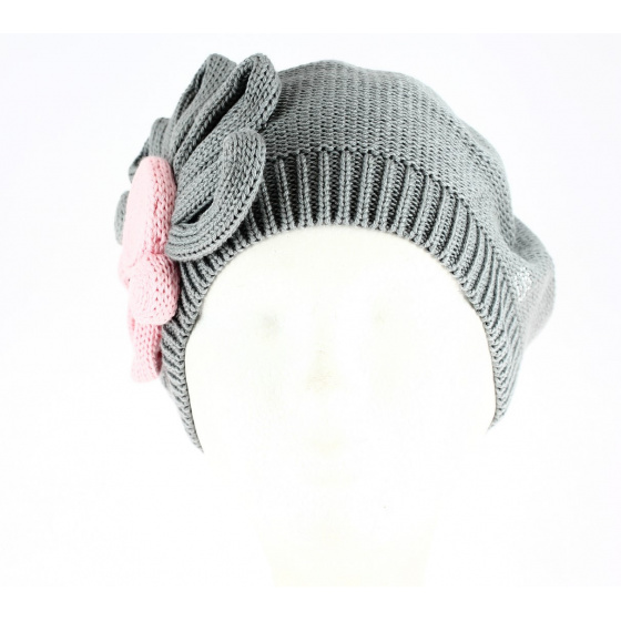 Leïla Cotton Flower Gray & Pink Beret - BeBeret Leïla Cotton Flower Gray & Pink Beret - BeBeret