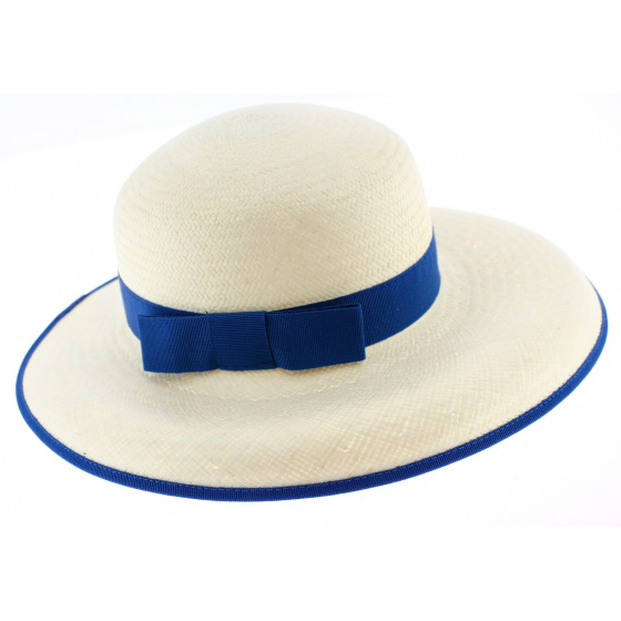 Natural Straw & Turquoise Blue Panama Wide Brim Hat - Traclet