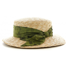 Women's Sidonie Boater Hat Natural Straw Green Ribbon - Traclet