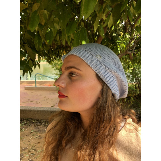 Leïla Cotton Beret Blue & Pink Flower - BeBeret Leïla Cotton Beret Blue & Pink Flower - BeBeret