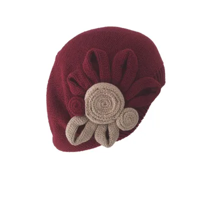 Leila Cotton Beret with Burgundy & Beige Flower - BeBeret Reference: 9656 | Chapellerie Traclet