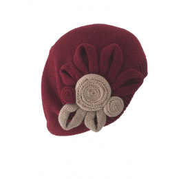 Leila Cotton Beret with Burgundy & Beige Flower - BeBeret