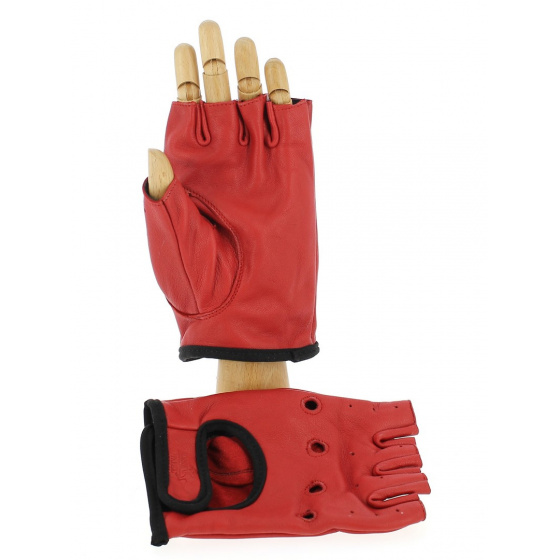 Red & Black Leather Driving Fingerless Gloves - Aussie Apparel
