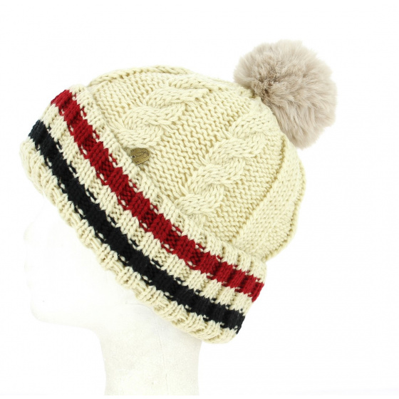 Beige Tricolor Absie Pompom Beanie - Traclet