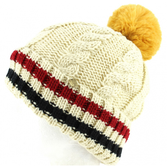 Beige Tricolor Absie Pompom Beanie - Traclet