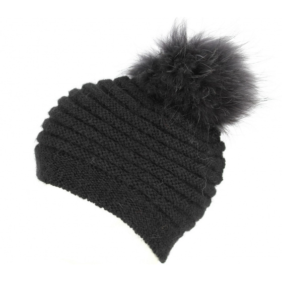 Sagrado Pom Pom Beanie Fur Wool & Mohair Black - Traclet